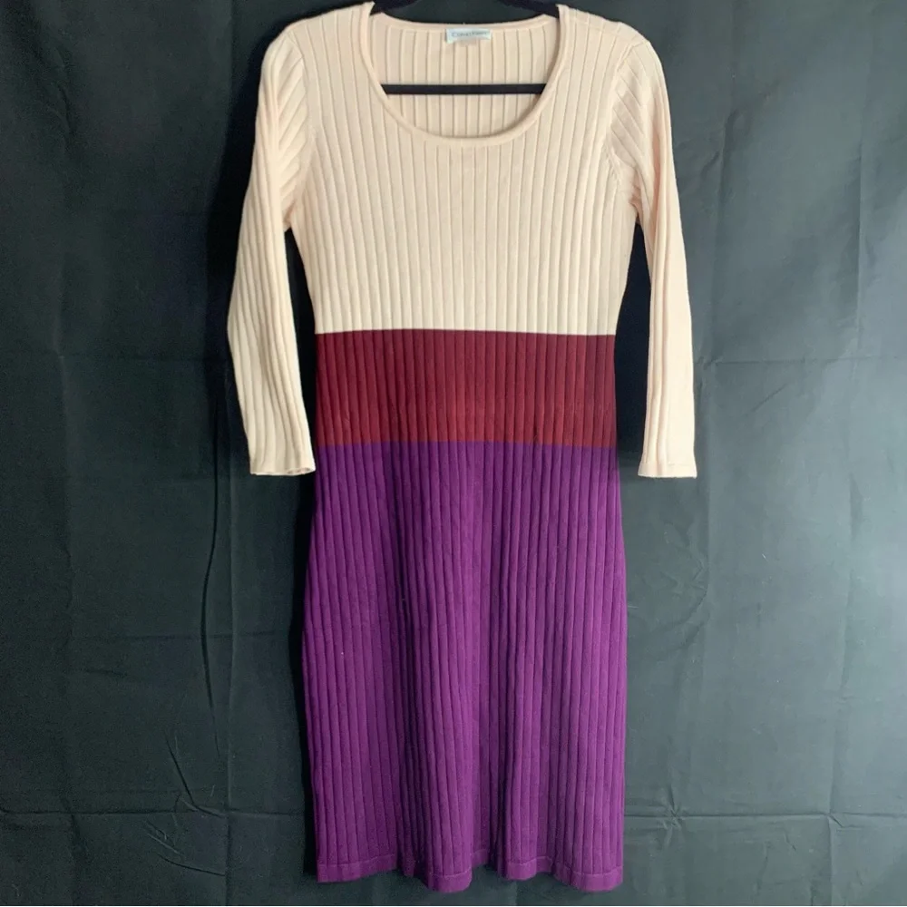 Calvin Klein Colorblock Ribbed Knit Midi Sweater Dress Cream Purple, size M - Picture 10 of 10